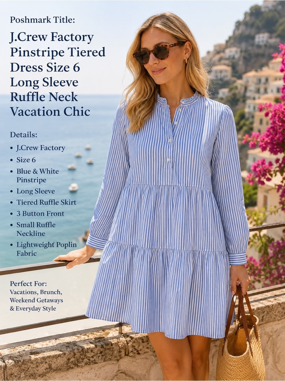 J.Crew Factory Pin Striped Cotton Poplin Tiered Dress Sz 6 Blue/White Ruffle